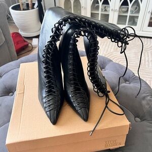 Steve Madden Black Lace-Up Pointed Toe Knee-High Boots